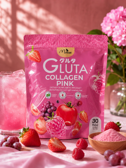Manee Gluta Collagen Pink 30 Sachets – Marine Collagen & Glutathione Powder Red Fruit Flavor | Skin Radiance & Anti-Aging | Premium Beauty Supplement