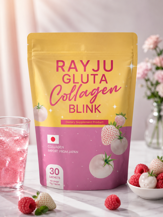 Rayju Gluta Collagen Blink – Marine Collagen & Japanese Glutathione | Beauty Supplement for Radiant Skin Strawberry Flavor | Premium Anti-Aging 30 Sachets