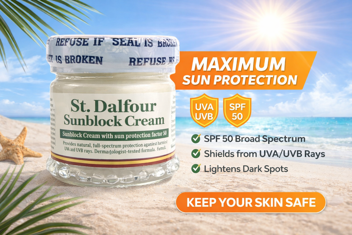 Crème Solaire St. Dalfour SPF 50 – Sunblock Protection UVA/UVB – Éclaircit les taches – Soin visage haute protection